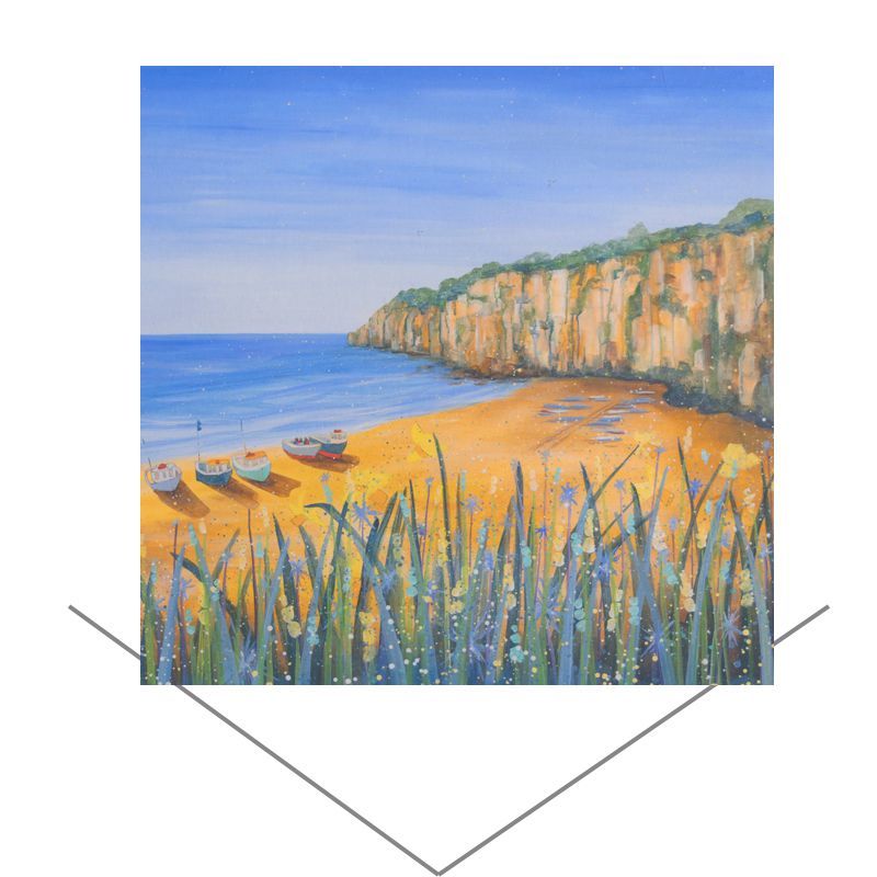 Coastal painting of cliffs, blue sea, sandy beach, and small boats under a clear sky