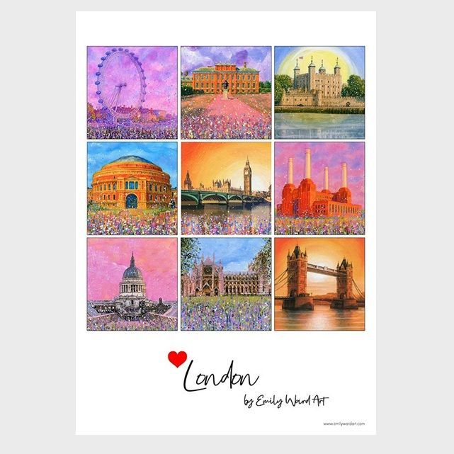 London travel art collage in pastel colors, with landmarks like the London Eye, Big Ben, and Tower Bridge.