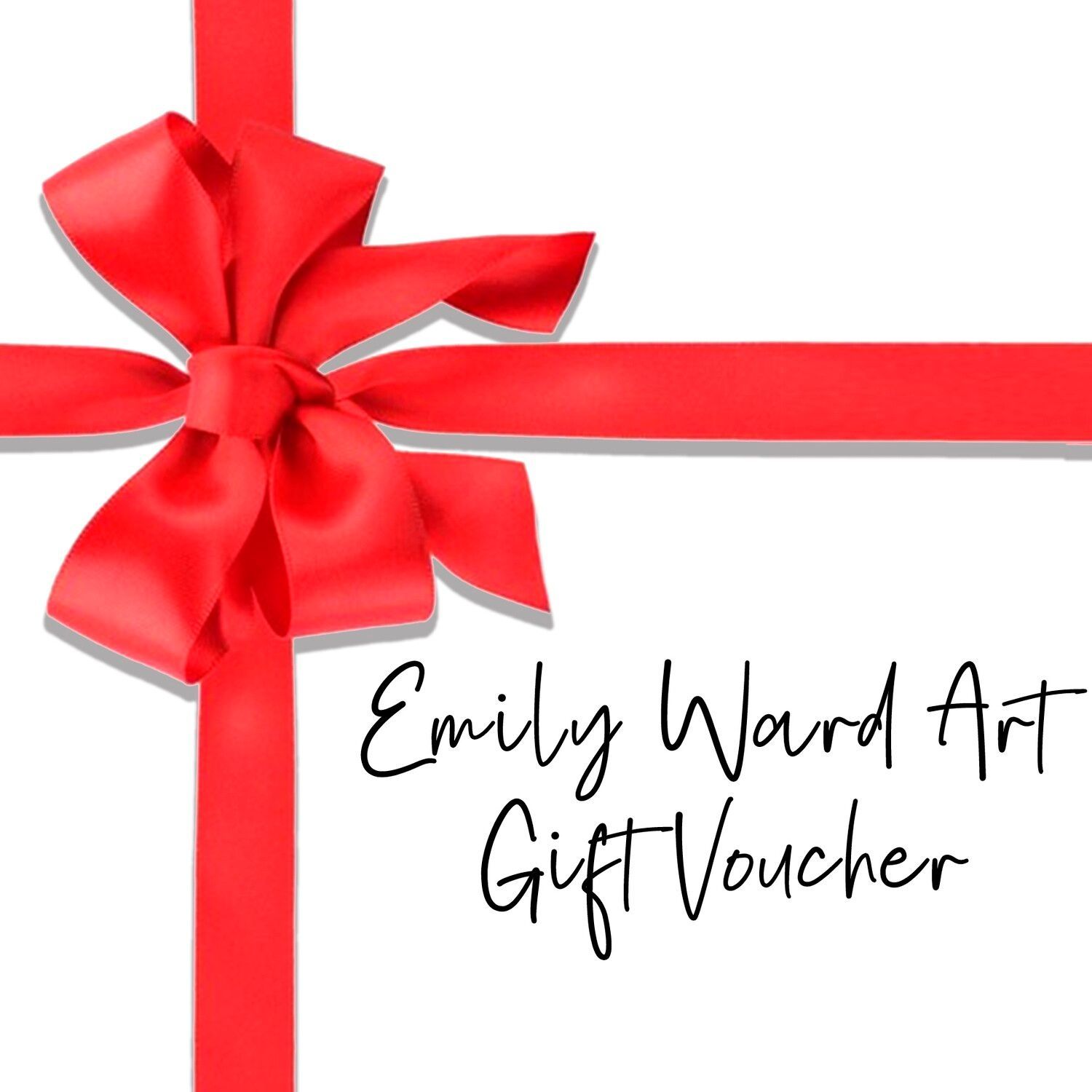 Red gift voucher with ribbon and bow, labeled “Emily Ward Art Gift Voucher”