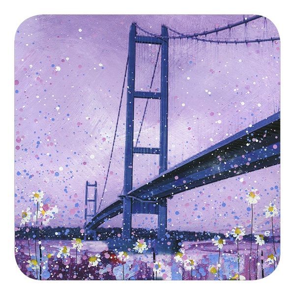 Lavender bridge scene with sparkling flowers and a pastel sky