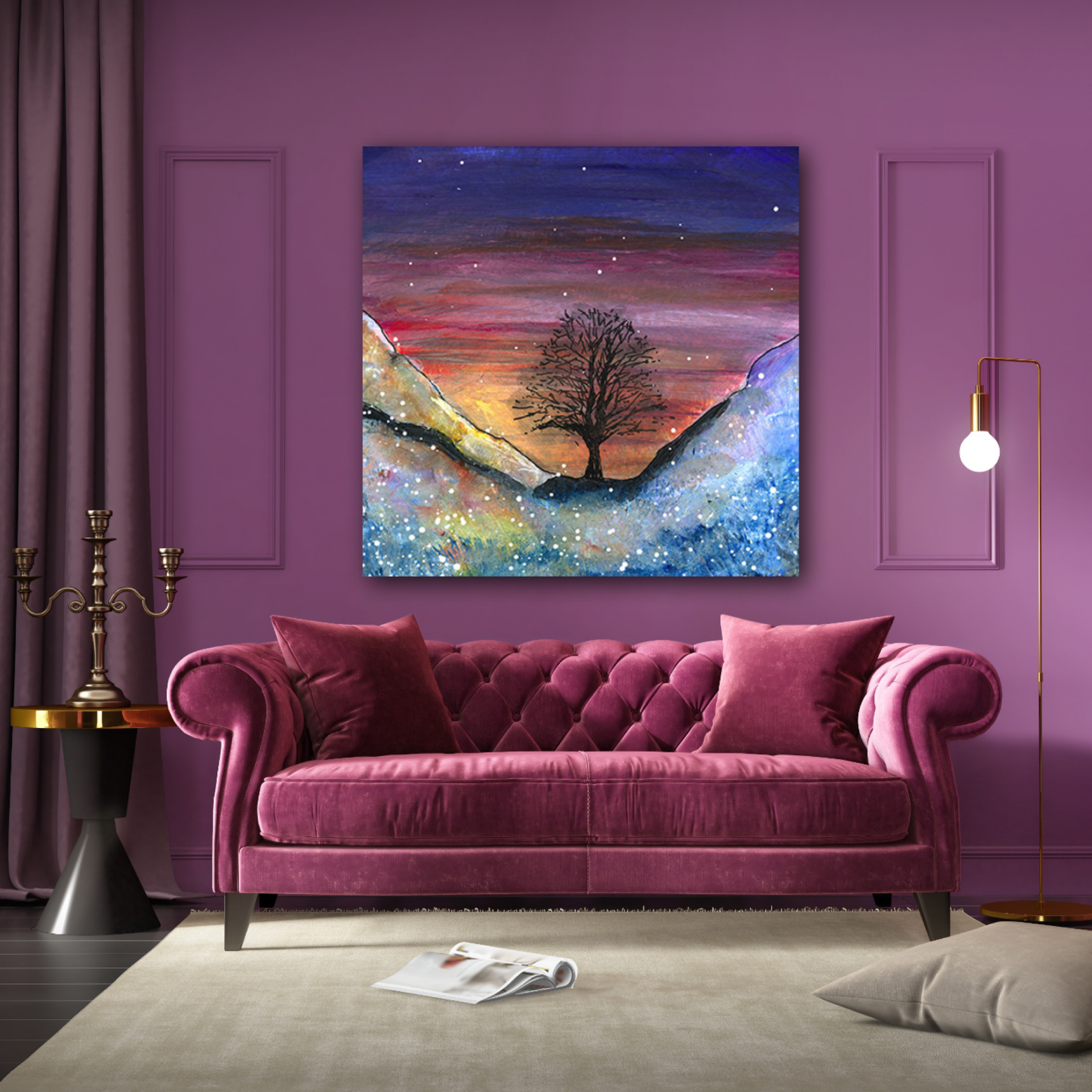 Purple living room with a magenta velvet sofa, abstract painting, floor lamp, and curtains
