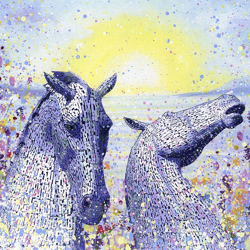 Two horses in a colorful abstract field beneath a bright yellow sky