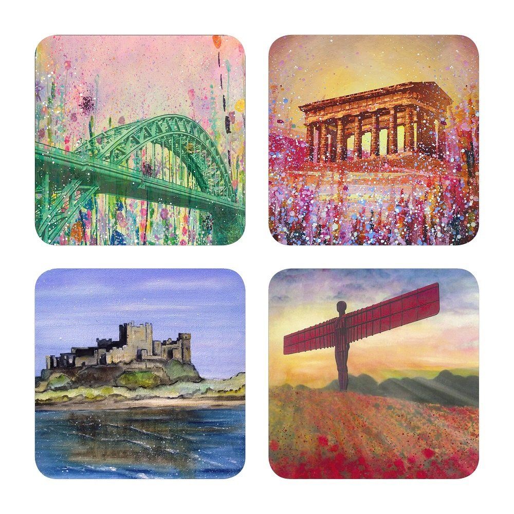 Four colorful paintings of landmarks in a 2x2 collage.