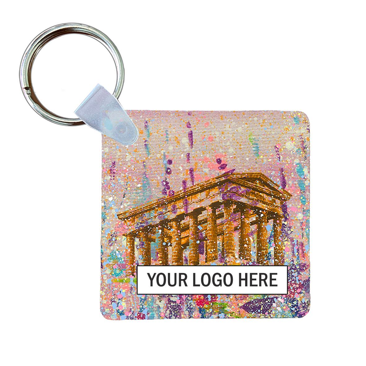 Square glittery keychain with a pink logo placeholder and a gold building illustration