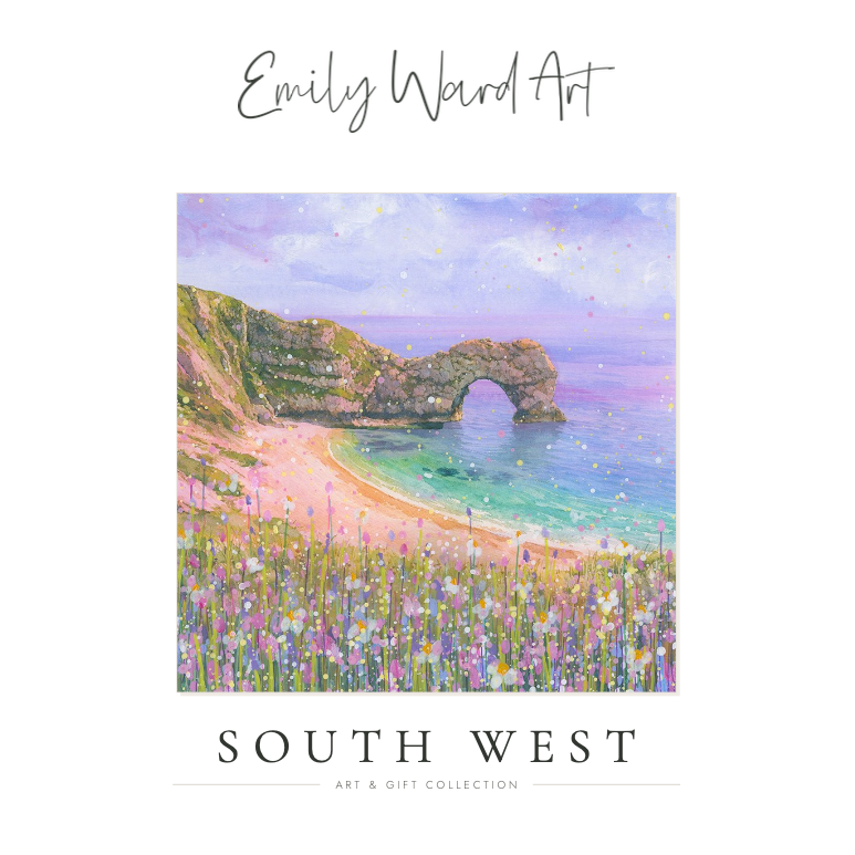 Pastel coastal cliff and beach painting with turquoise sea and a natural rock arch, titled SOUTH WEST