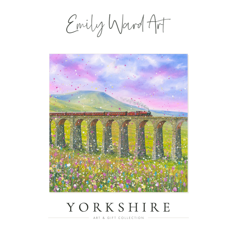 Yorkshire landscape painting with a stone viaduct, green hills, and a pink-blue sky.