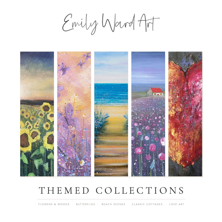 Five colorful abstract landscape paintings with the title “Emily Ward Art” and “Themed Collections” below