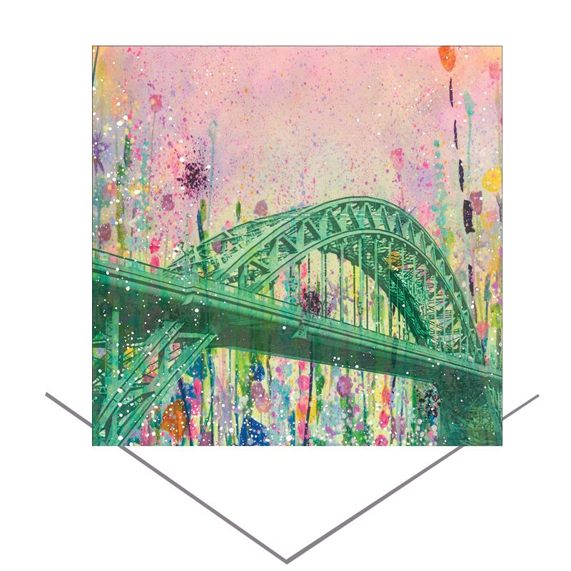 Colorful watercolor of a green arched bridge against a pastel pink sky