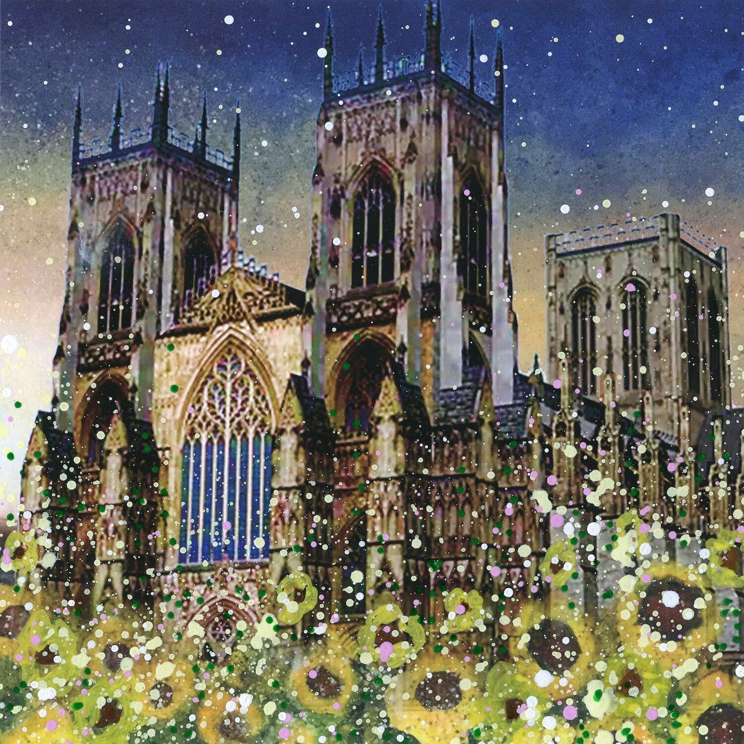 Cathedral with twin towers behind a field of sunflowers under a starry sky, in bright mosaic-style colors