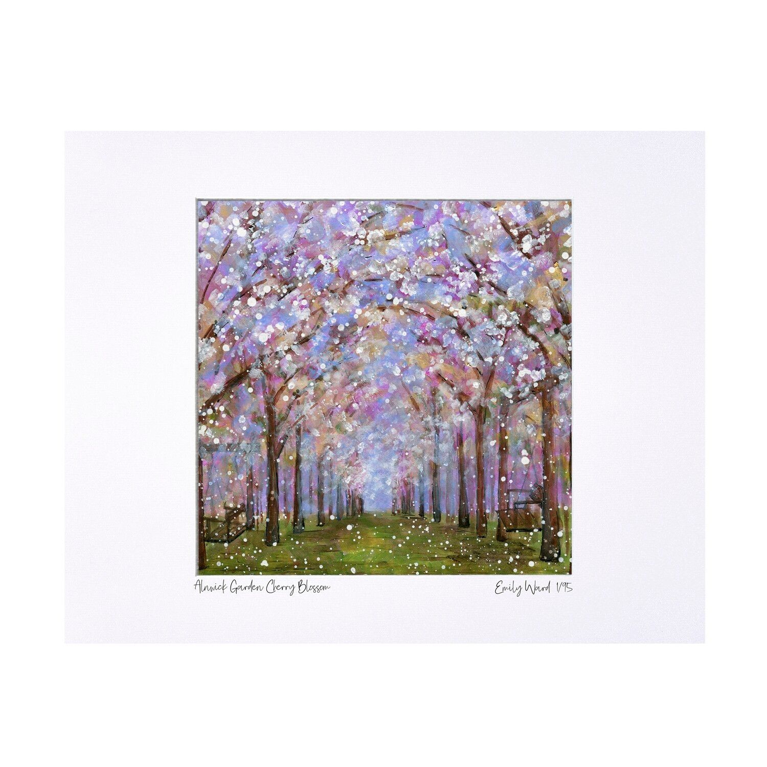 Pastel painting of a blooming tree-lined path with pink and purple blossoms under a soft sky