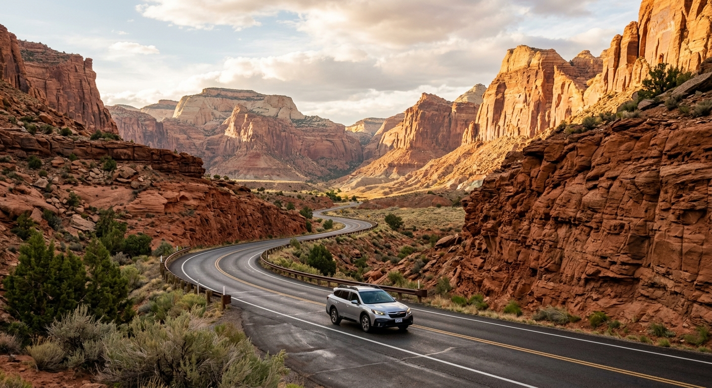 Aerial view of St. George Utah with red rock landscape and highway traffic under a clear blue sky