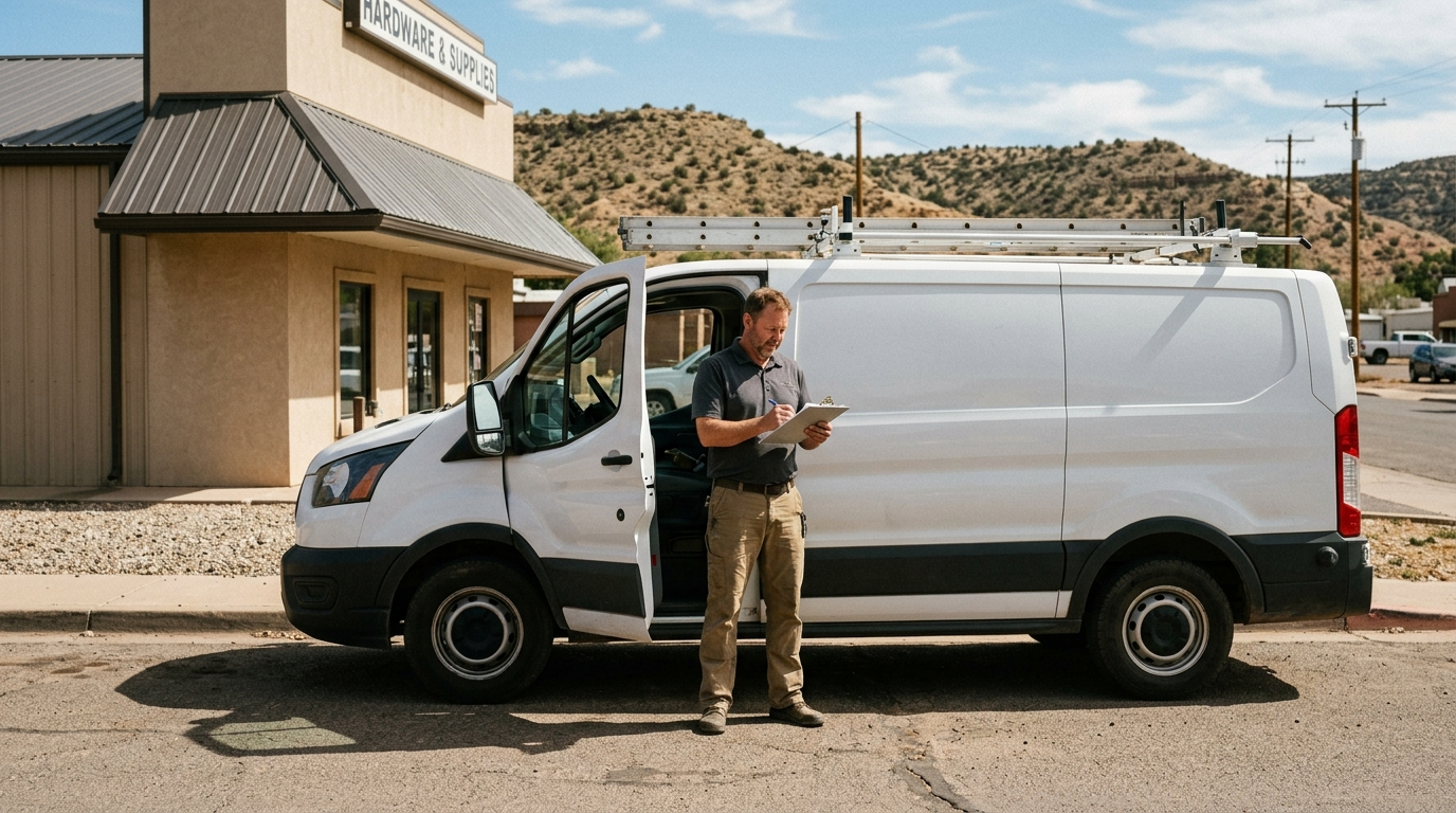 White work van parked on a desert highway in southern Utah with red rock formations in the background
