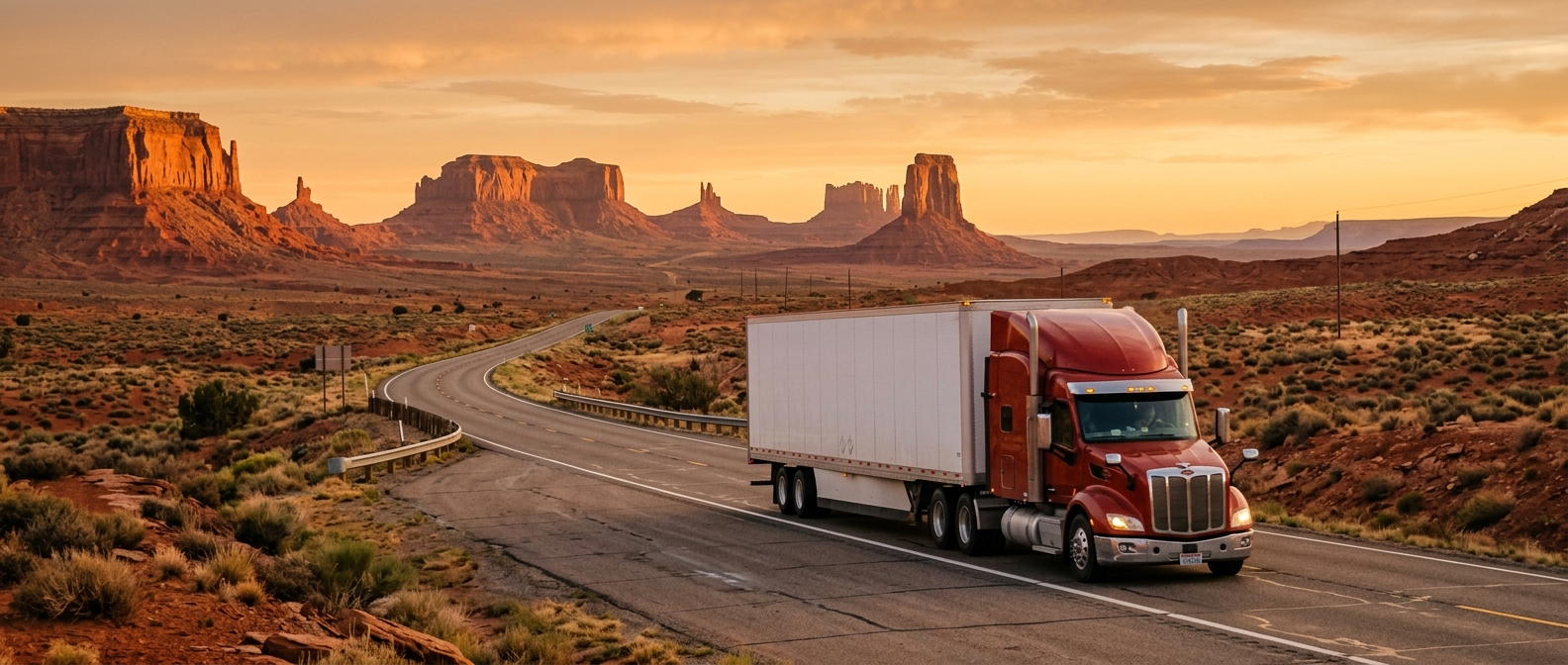 Commercial semi truck driving through a Utah desert highway with red rock formations in the background under a clear blue sky