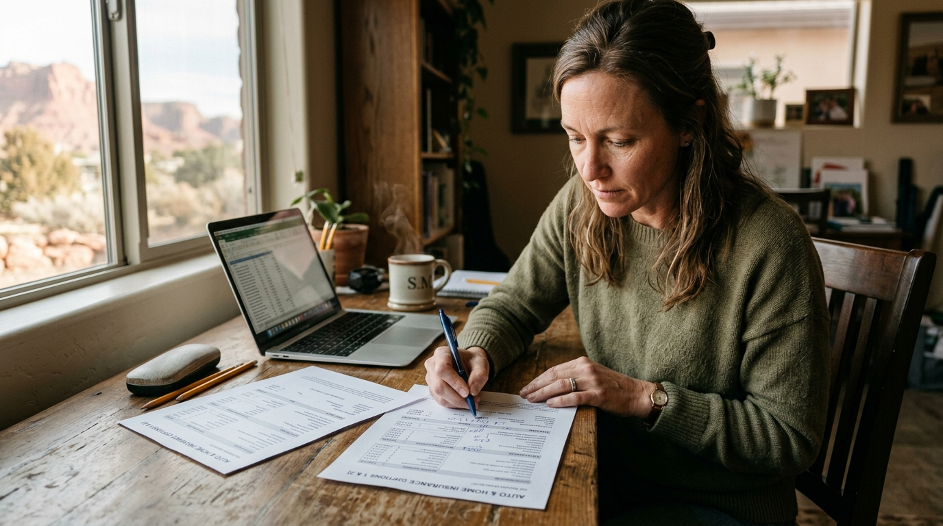 Person reviewing insurance quote documents at a desk with a St. George Utah desert landscape visible through the window