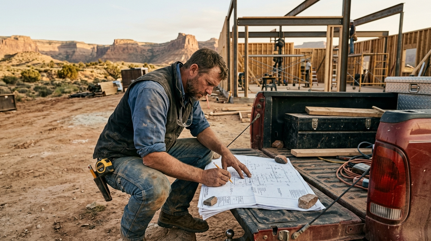 Construction workers framing a new home in a desert landscape under a bright blue sky in southern Utah