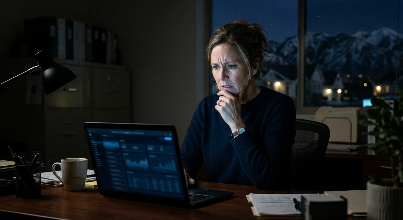 Small business owner in a Utah office reviewing laptop security alerts with financial documents on the desk