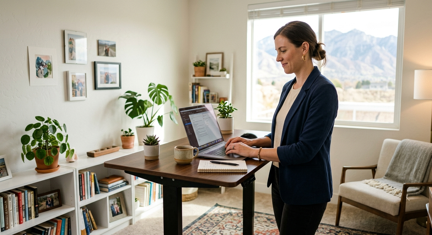 A Utah small business owner reviewing employee benefits documents at a desk in a bright Southern Utah office