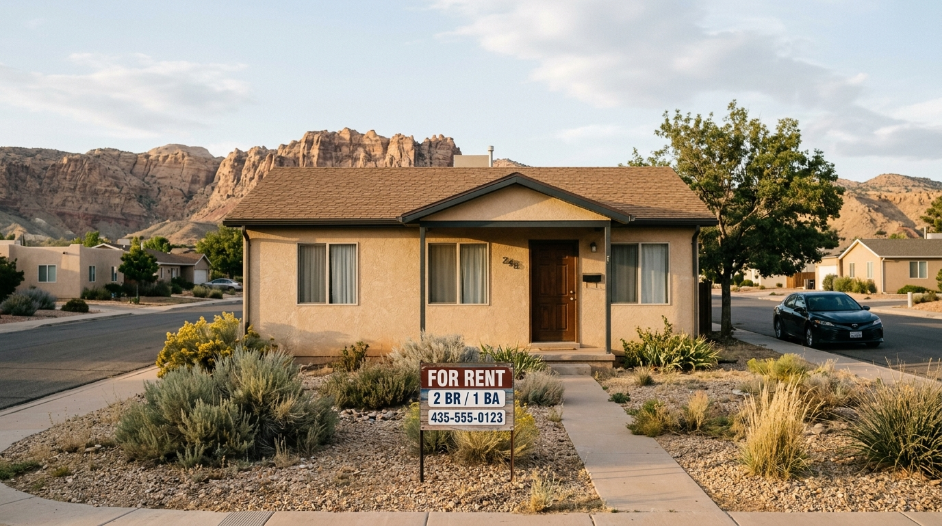 Red rock desert neighborhood in southern Utah with a single-family rental home under a clear blue sky