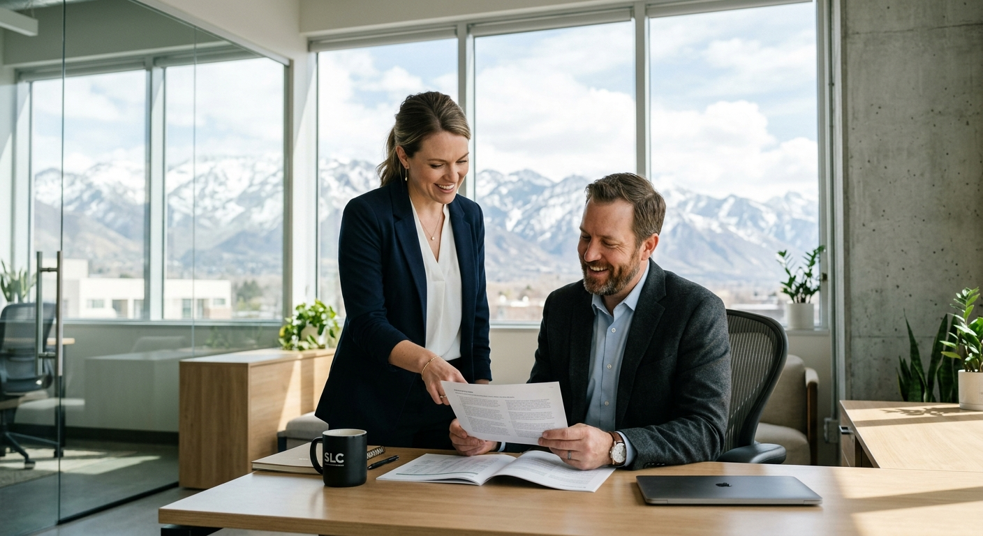 Small business owner reviewing insurance documents at a desk in a bright Utah office storefront