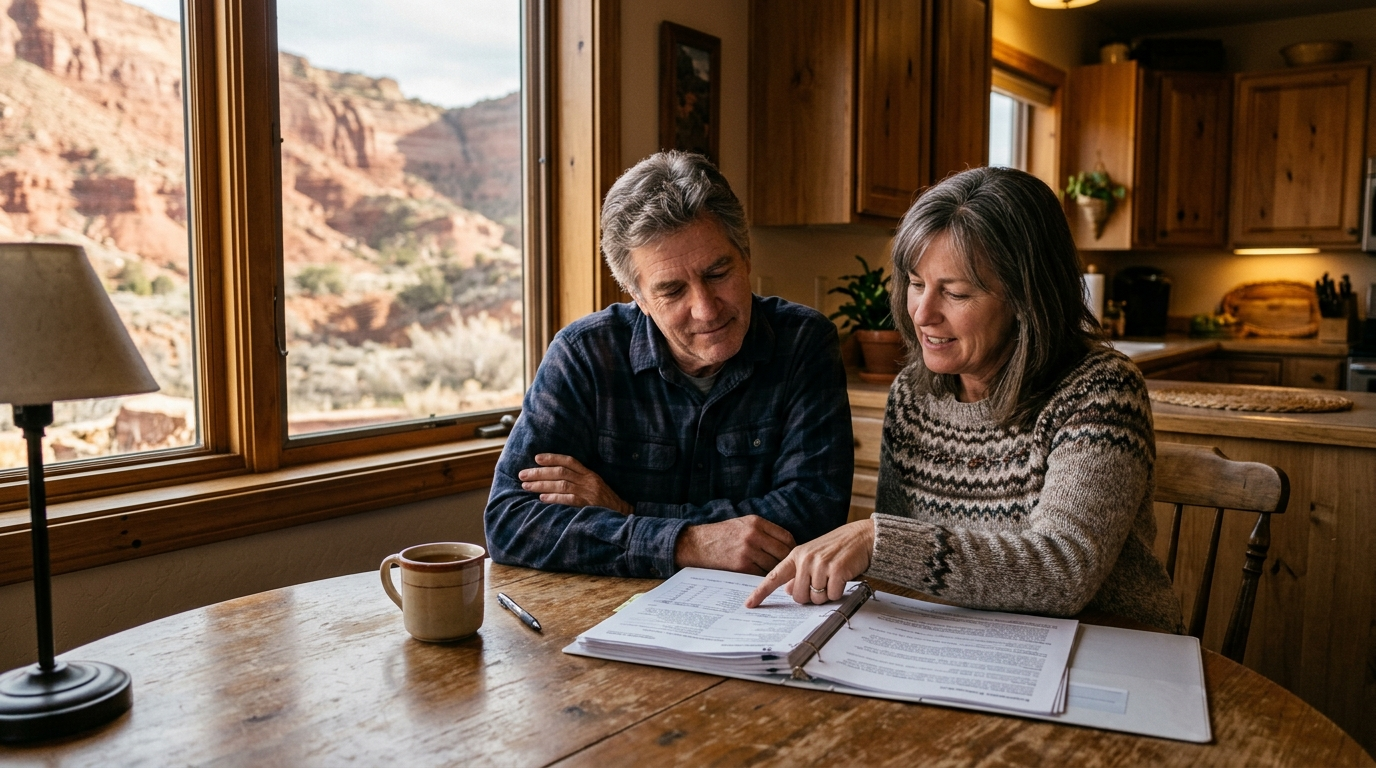 Family reviewing home and auto insurance documents together at a kitchen table in a sunny Southern Utah home