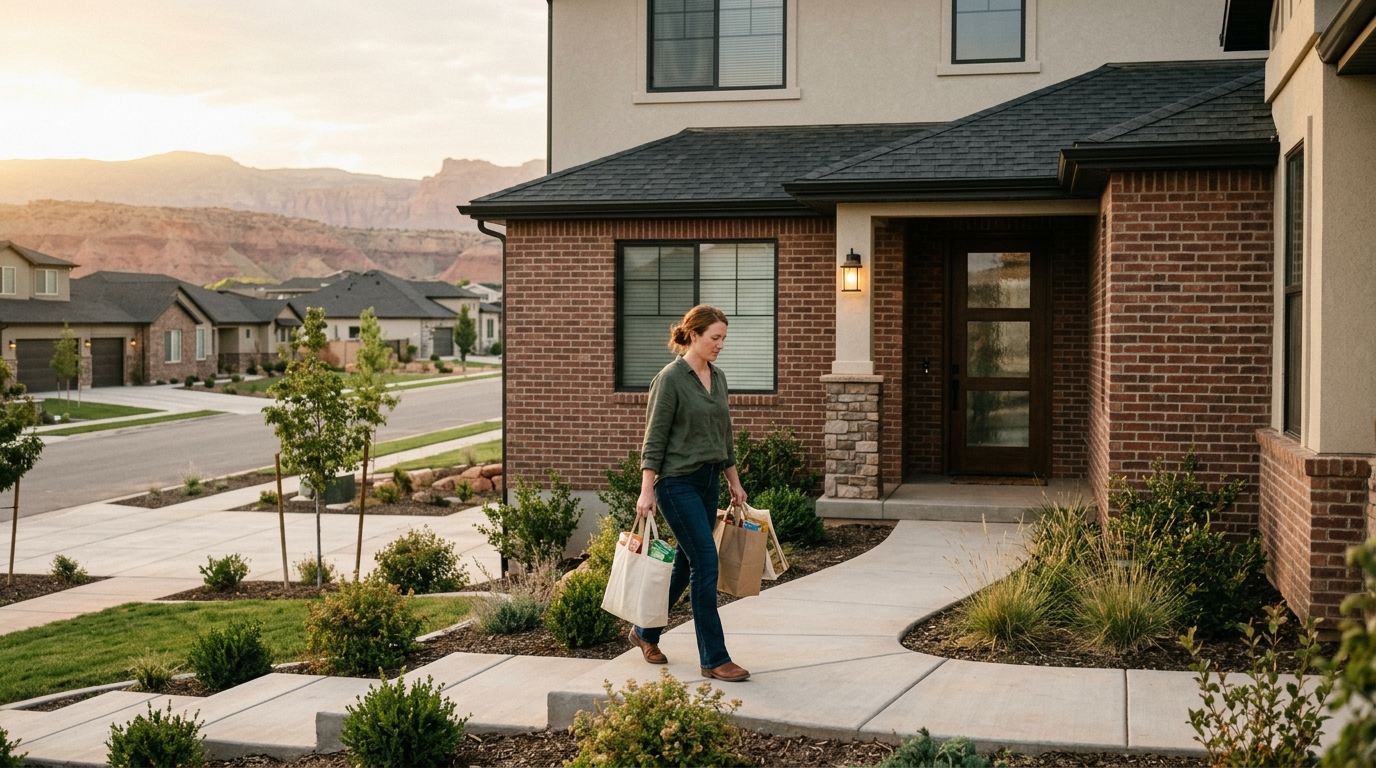 Aerial view of red-rock desert neighborhood with new homes and mountain backdrop in Washington, Utah