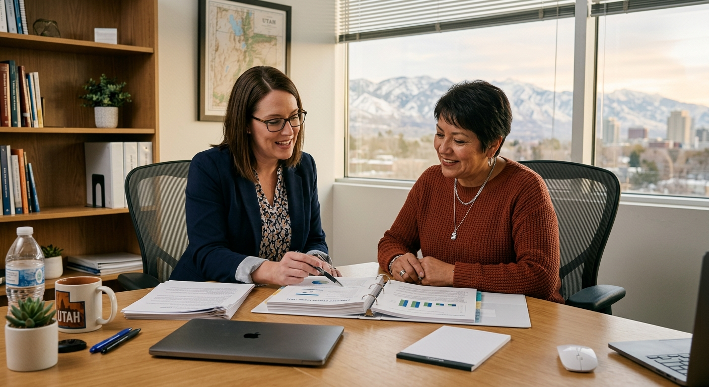 Small business owner reviewing employee benefits documents at a desk in a southern Utah office