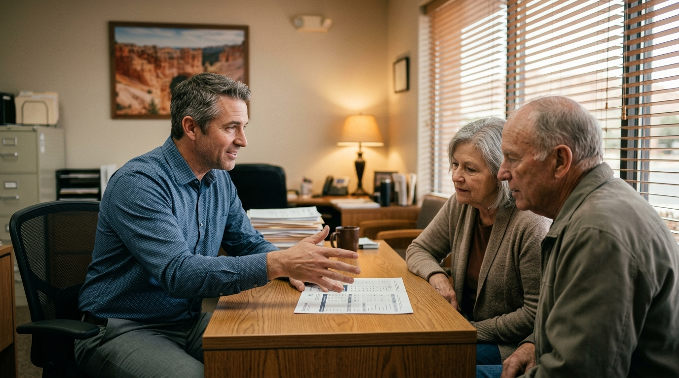 Local insurance agent sitting across a desk from a couple in a St. George, Utah office, reviewing policy documents together