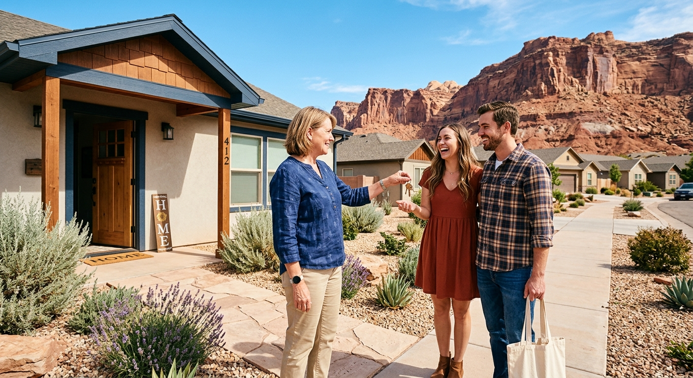Single-family rental home in St. George Utah with red rock landscape in the background on a sunny day