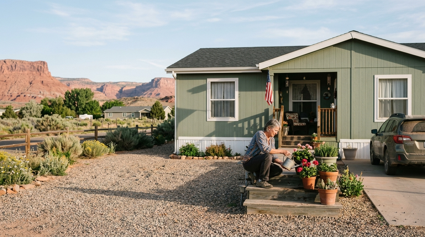 Manufactured home with desert landscaping in southern Utah under a bright blue sky