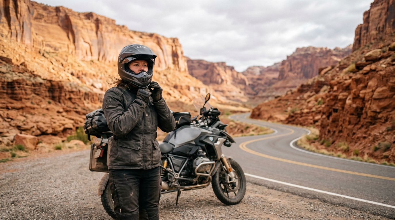 Motorcyclist riding a cruiser on a red rock canyon highway in southern Utah under clear blue skies