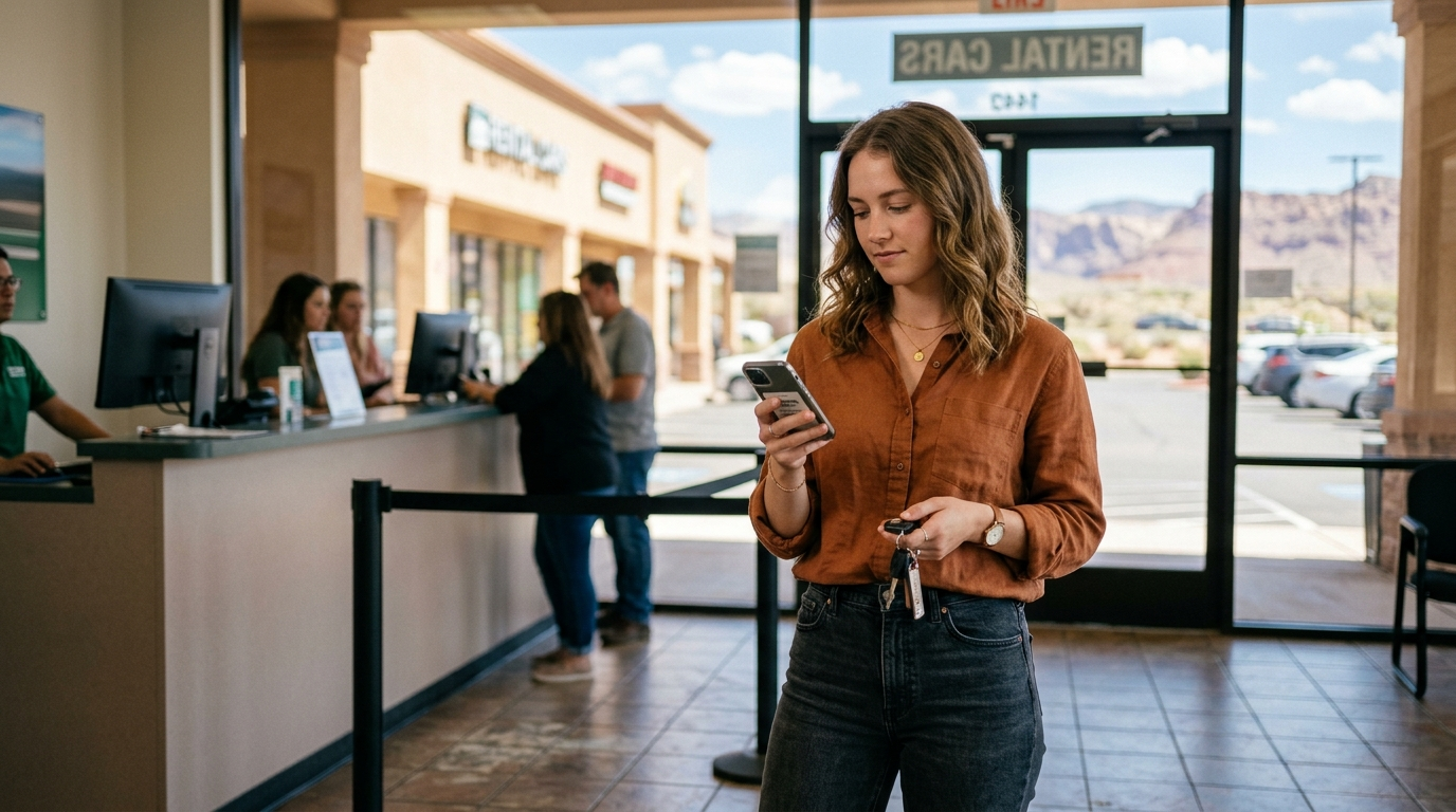 Person signing rental car paperwork at a counter in a Utah city, no personal vehicle keys in hand