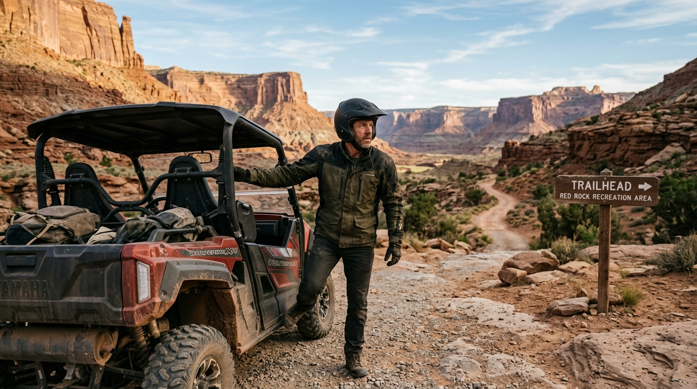 Two ATVs riding red rock trails in Southern Utah desert under a clear blue sky