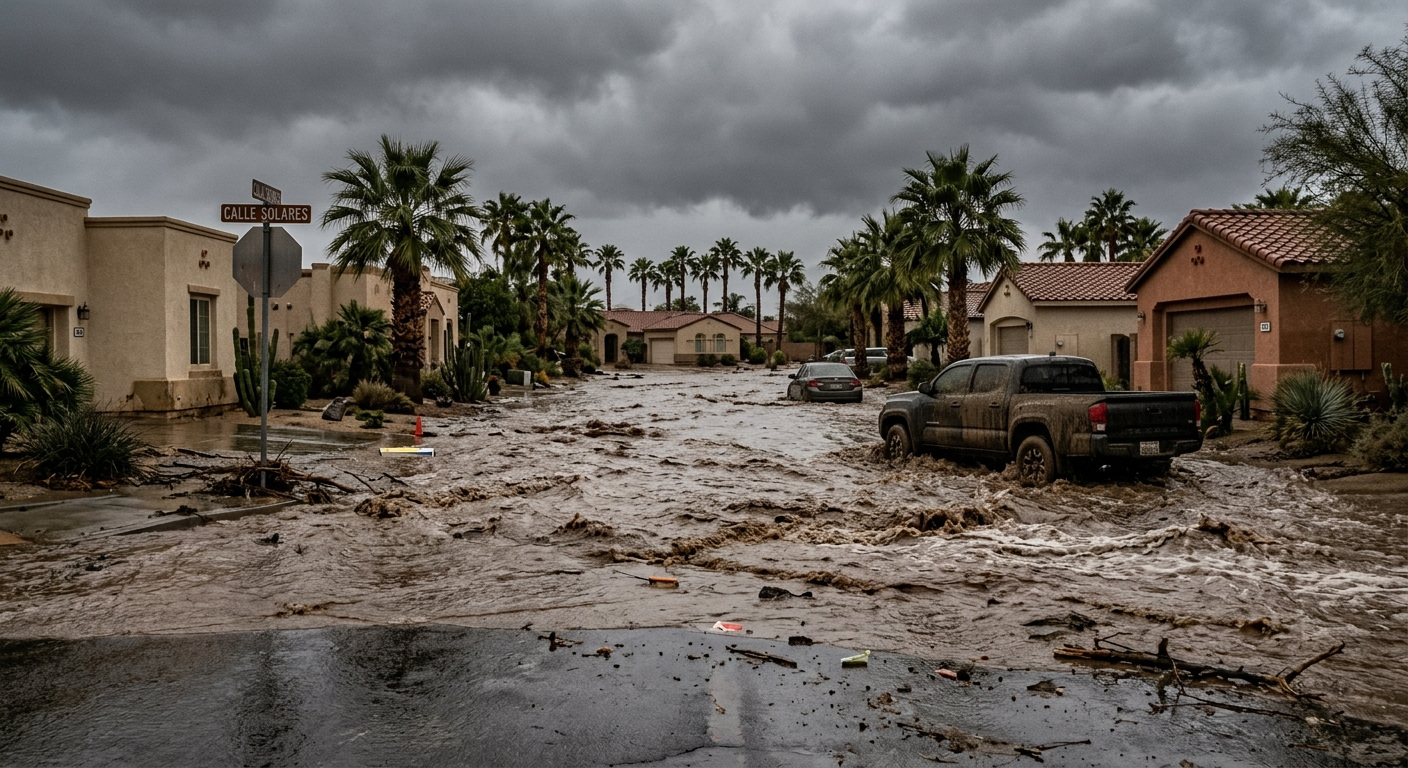 Muddy floodwater rushing through a desert neighborhood street in Southern Utah with red rock landscape in the background
