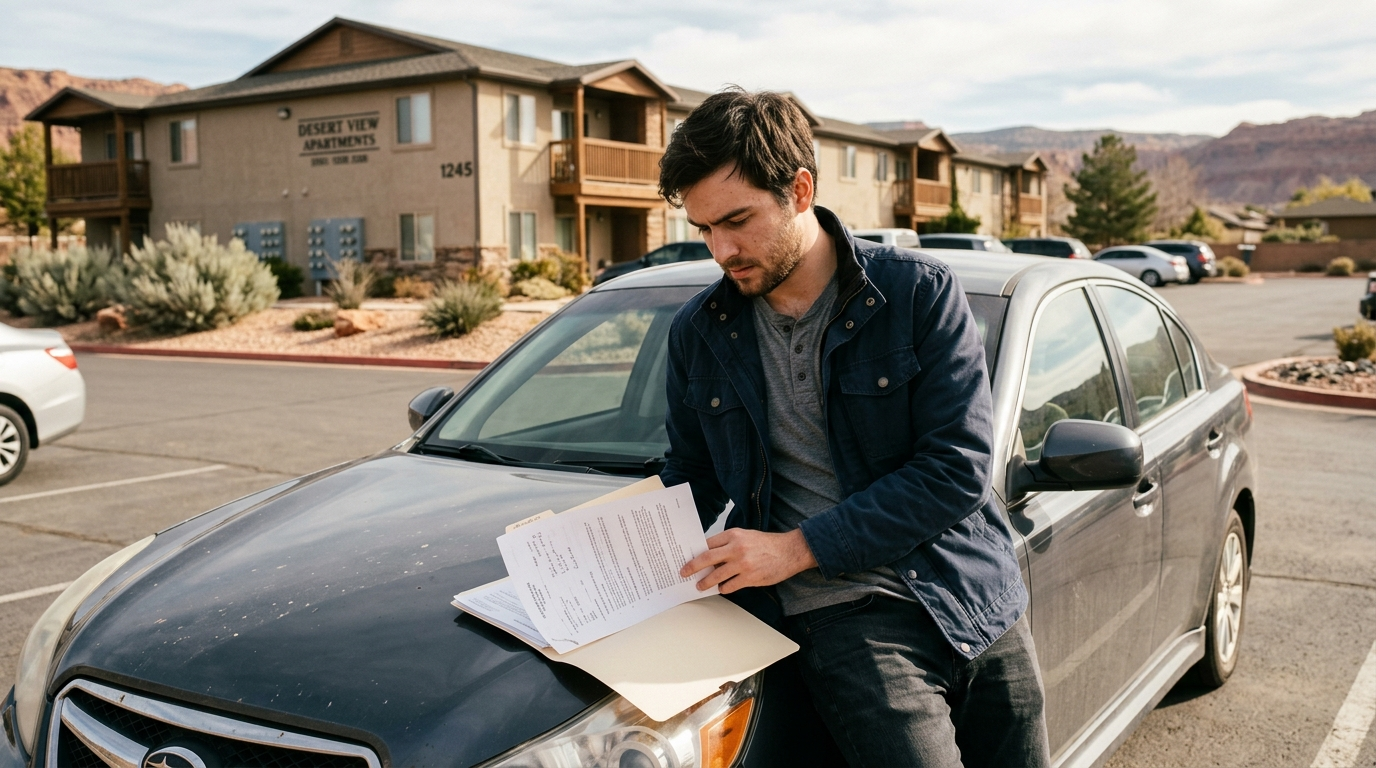 Young couple reviewing insurance documents at a kitchen table in a bright St. George apartment with red rock landscape