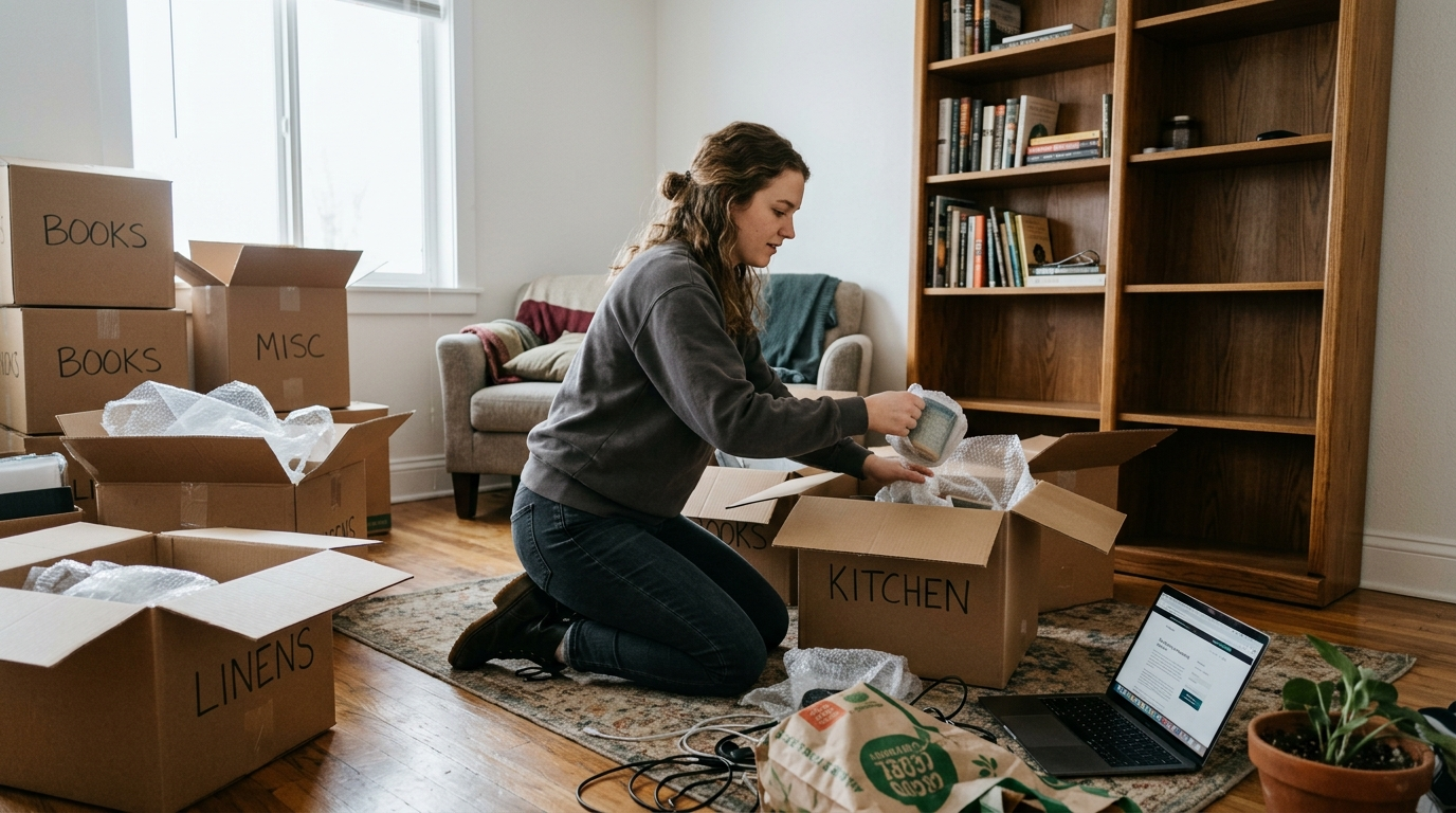 Young renter sitting at desk in Cedar City apartment with laptop and moving boxes nearby, reviewing insurance documents