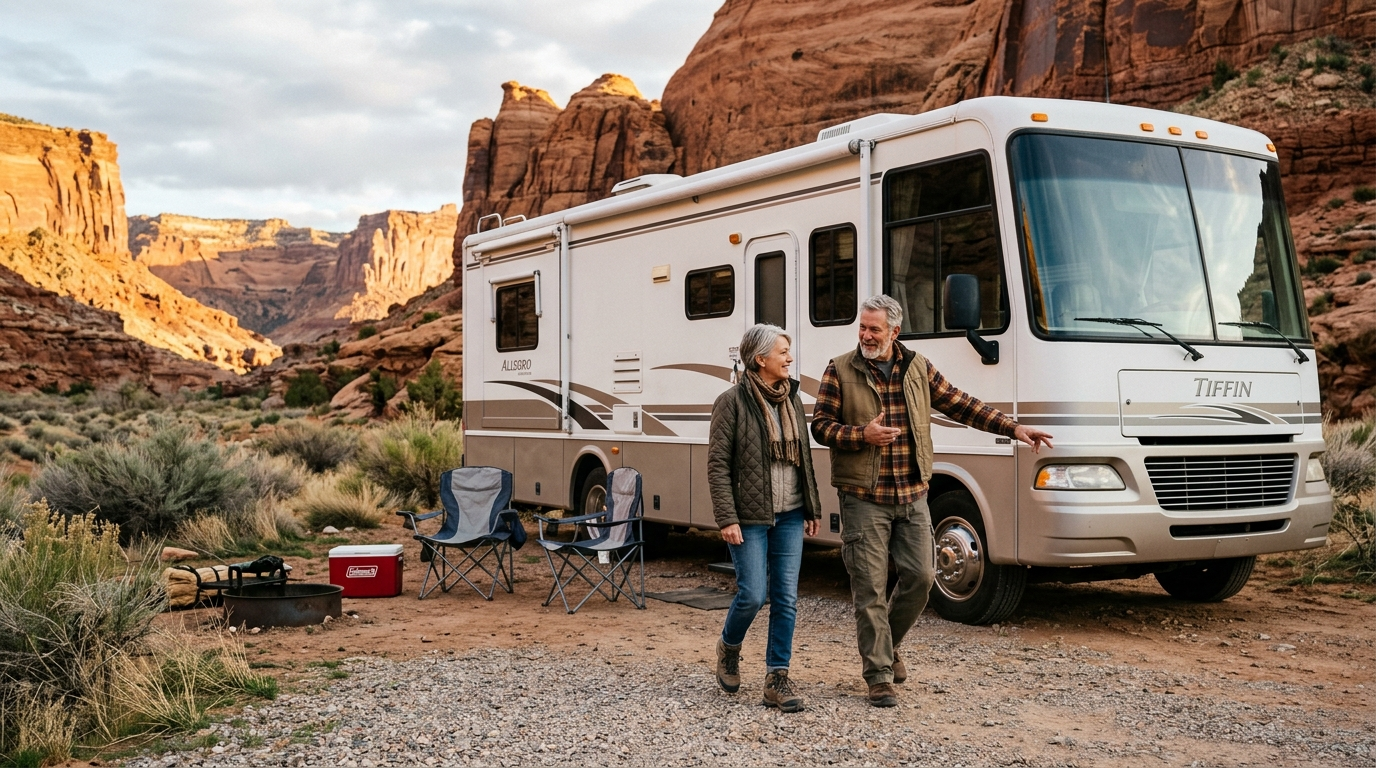 A large Class A motorhome parked near red rock cliffs in southern Utah with blue sky overhead