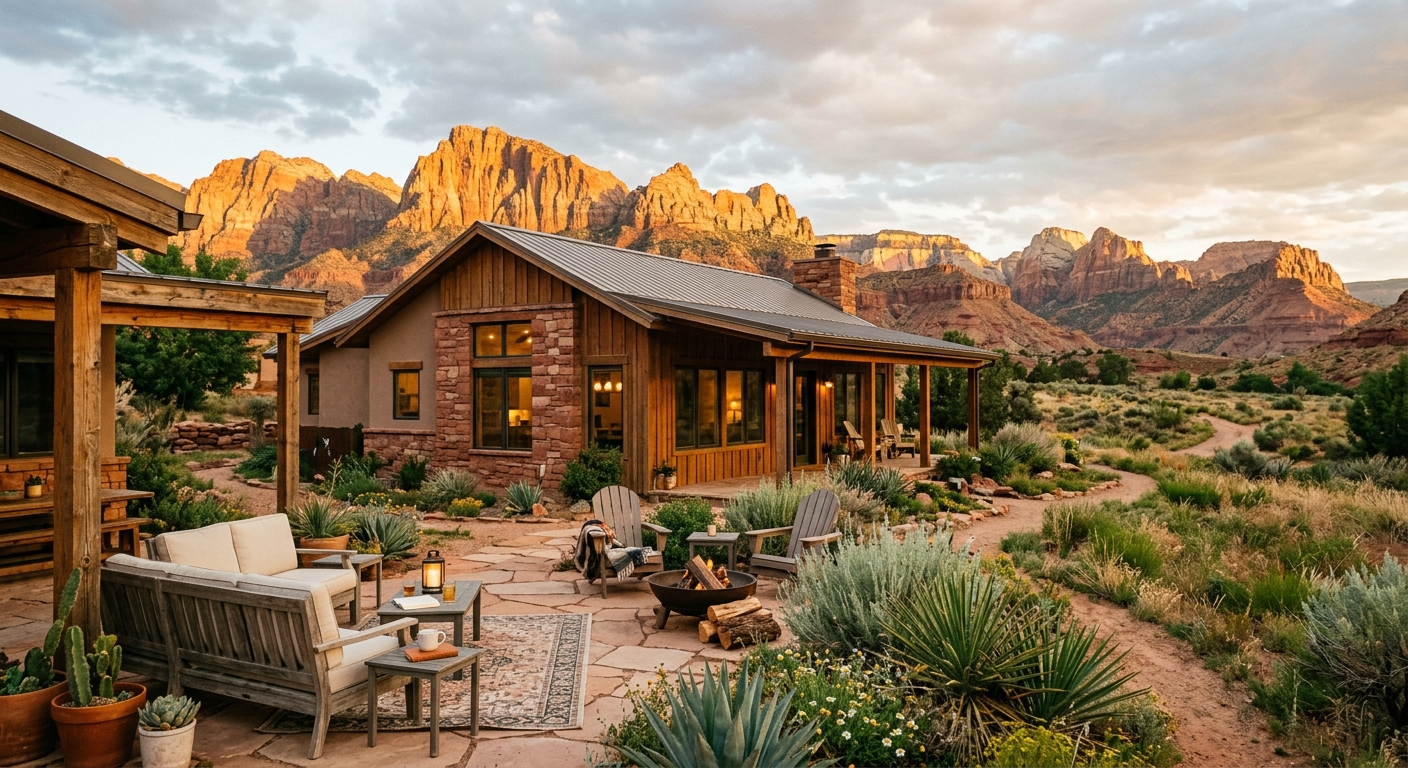 Aerial view of a modern short-term rental home near red rock canyon landscape in southern Utah under a bright blue sky
