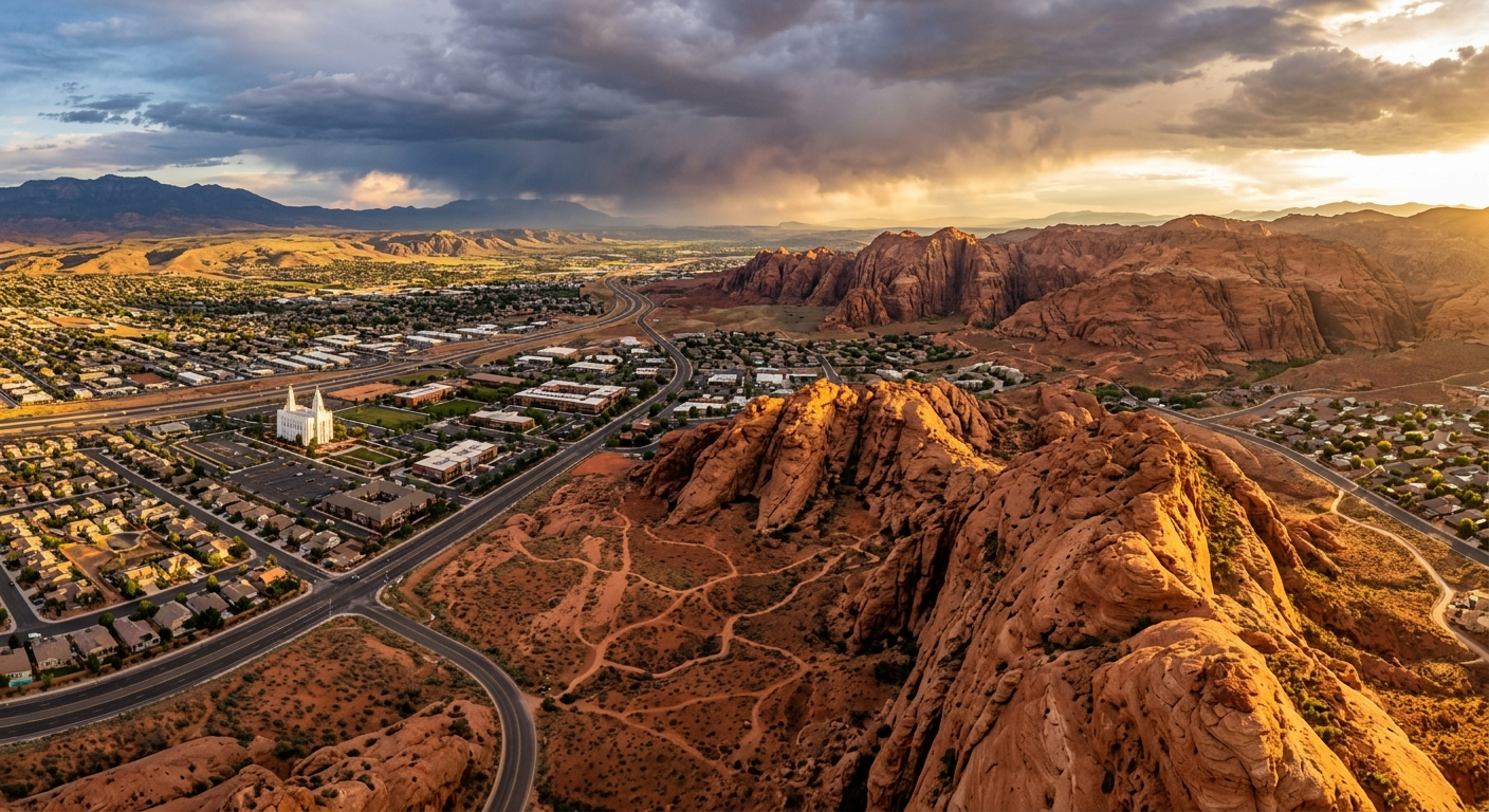 Red rock canyon landscape in southern Utah under stormy summer monsoon sky with dark clouds building over desert terrain