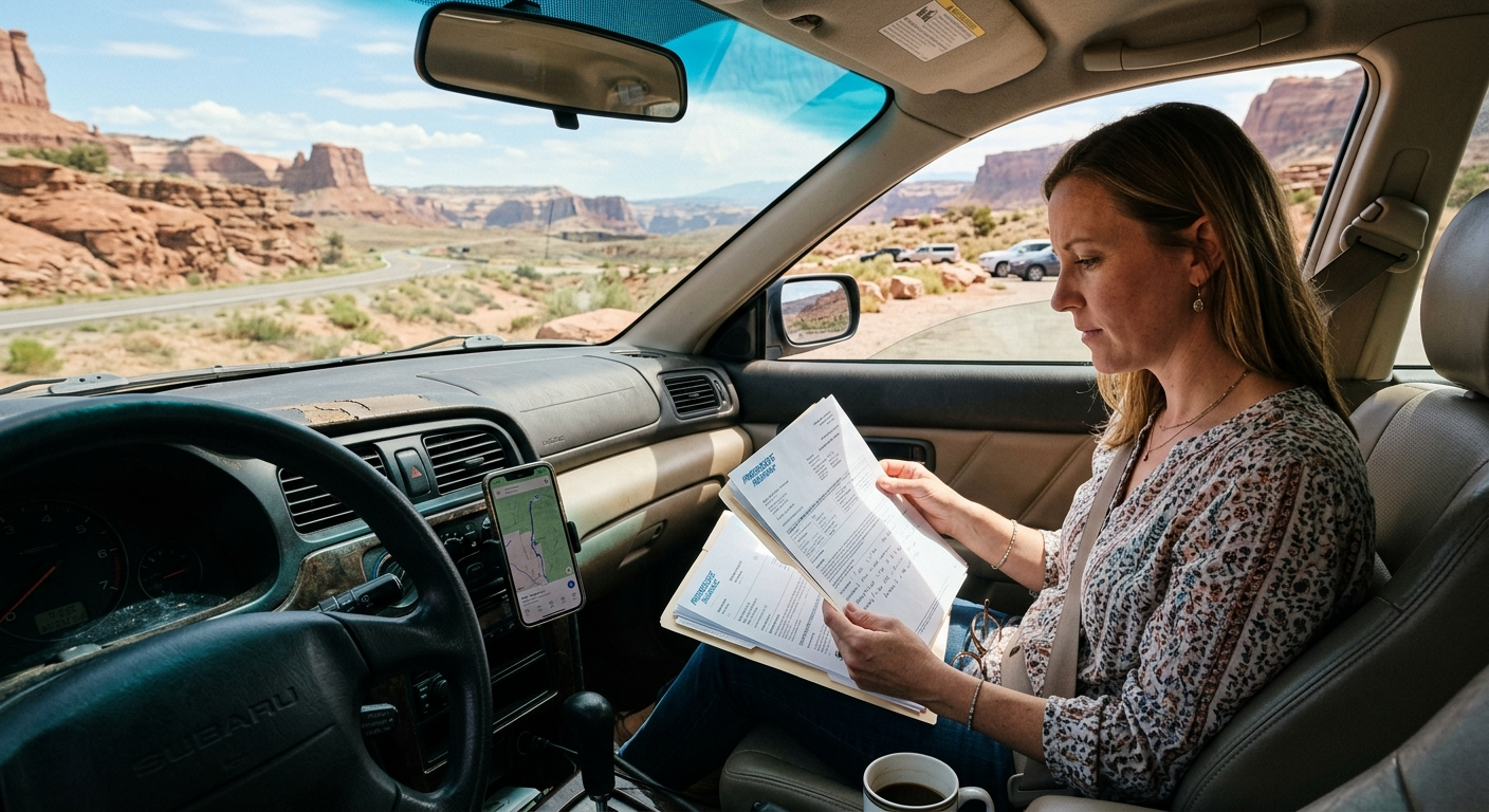 Car driving on a desert highway in southern Utah with red rock canyon walls on either side under a clear blue sky