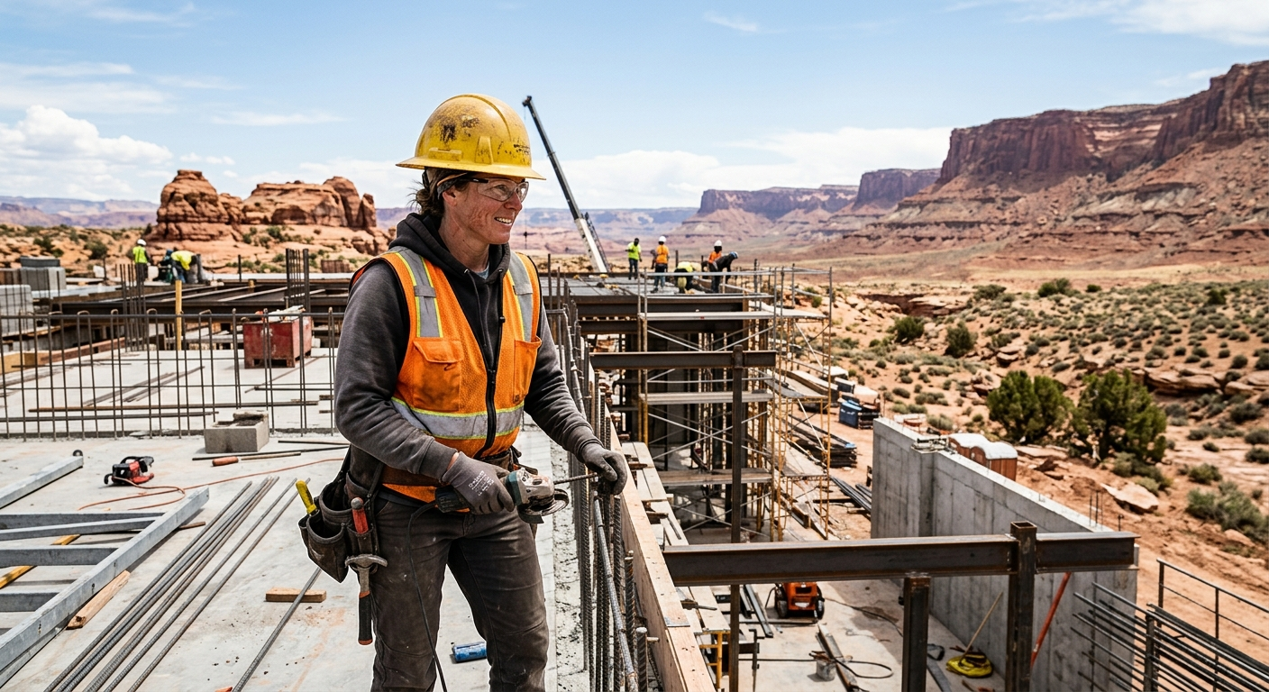 Construction worker in hard hat reviewing documents on a job site in southern Utah's desert landscape