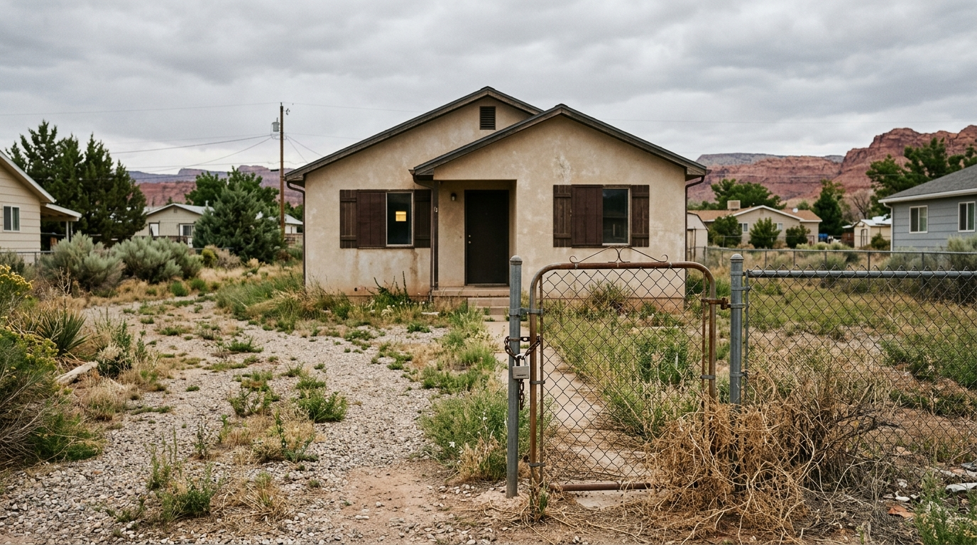 Empty single-story home with a for-sale sign in a dry southern Utah desert landscape under a bright blue sky