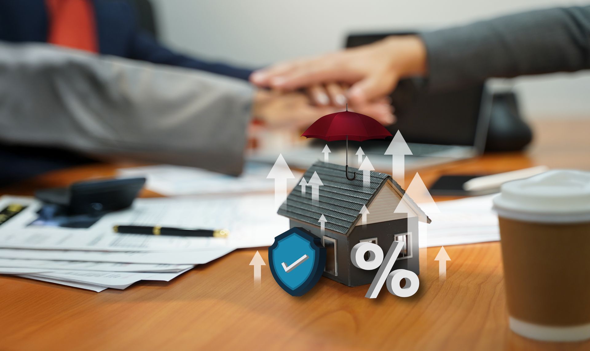 Homeowners insurance quotes graphic showing a model house, shield, and rising arrows. Homeowners insurance quotes graphic showing a model house, shield, and rising arrows.