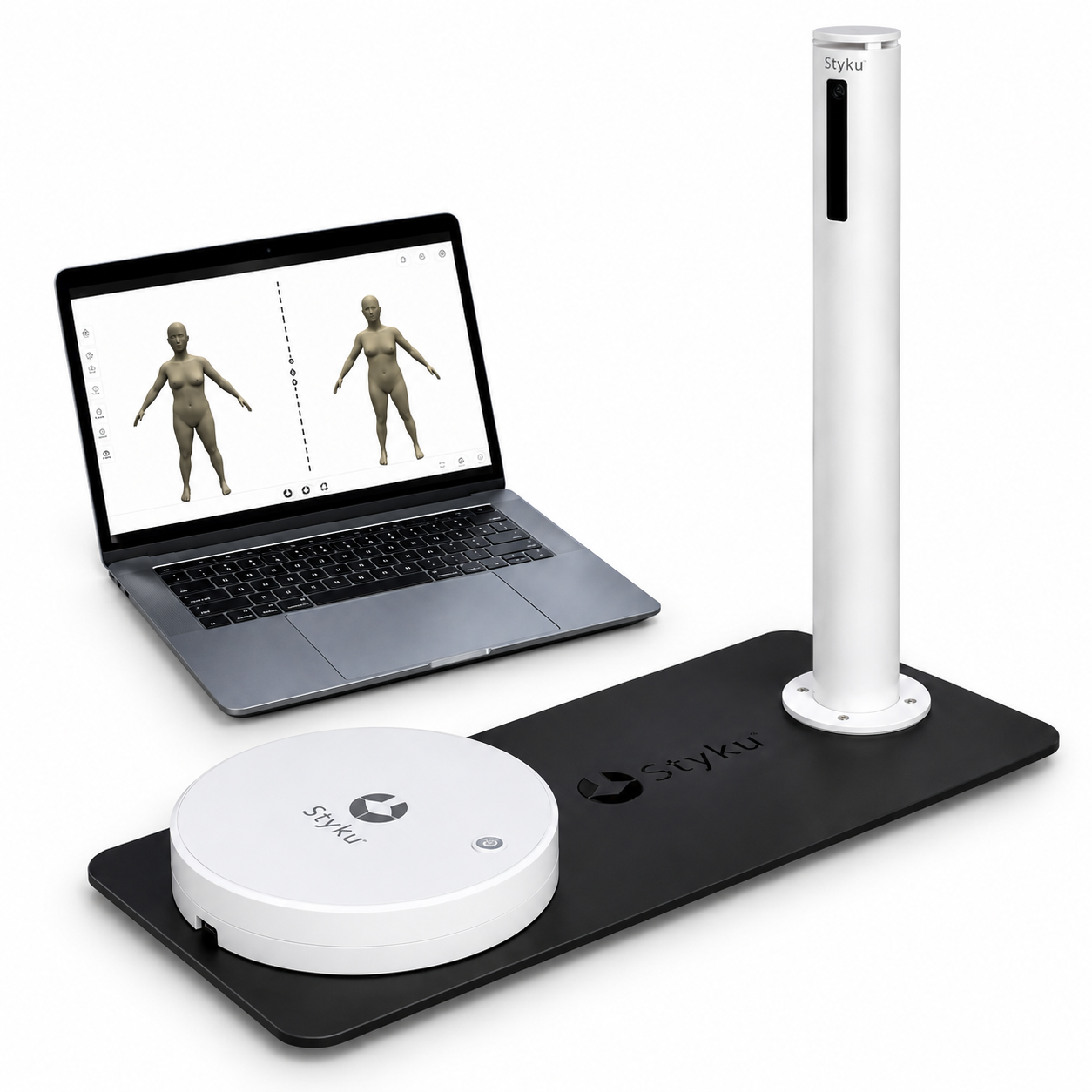 3D body scanner with laptop, white sensor tower, and round base on a black platform