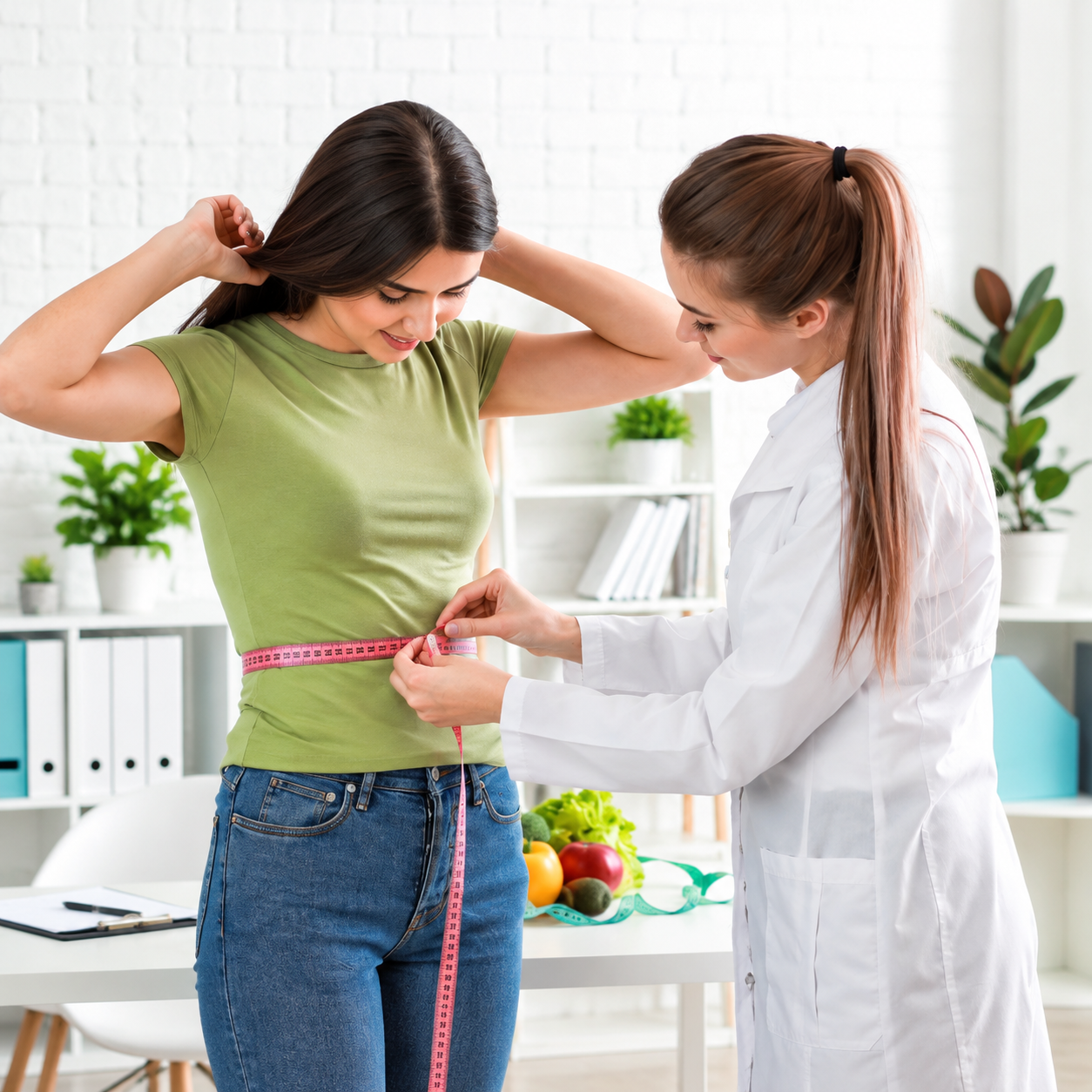 Woman being measured with a tape measure by a clinician in a bright office