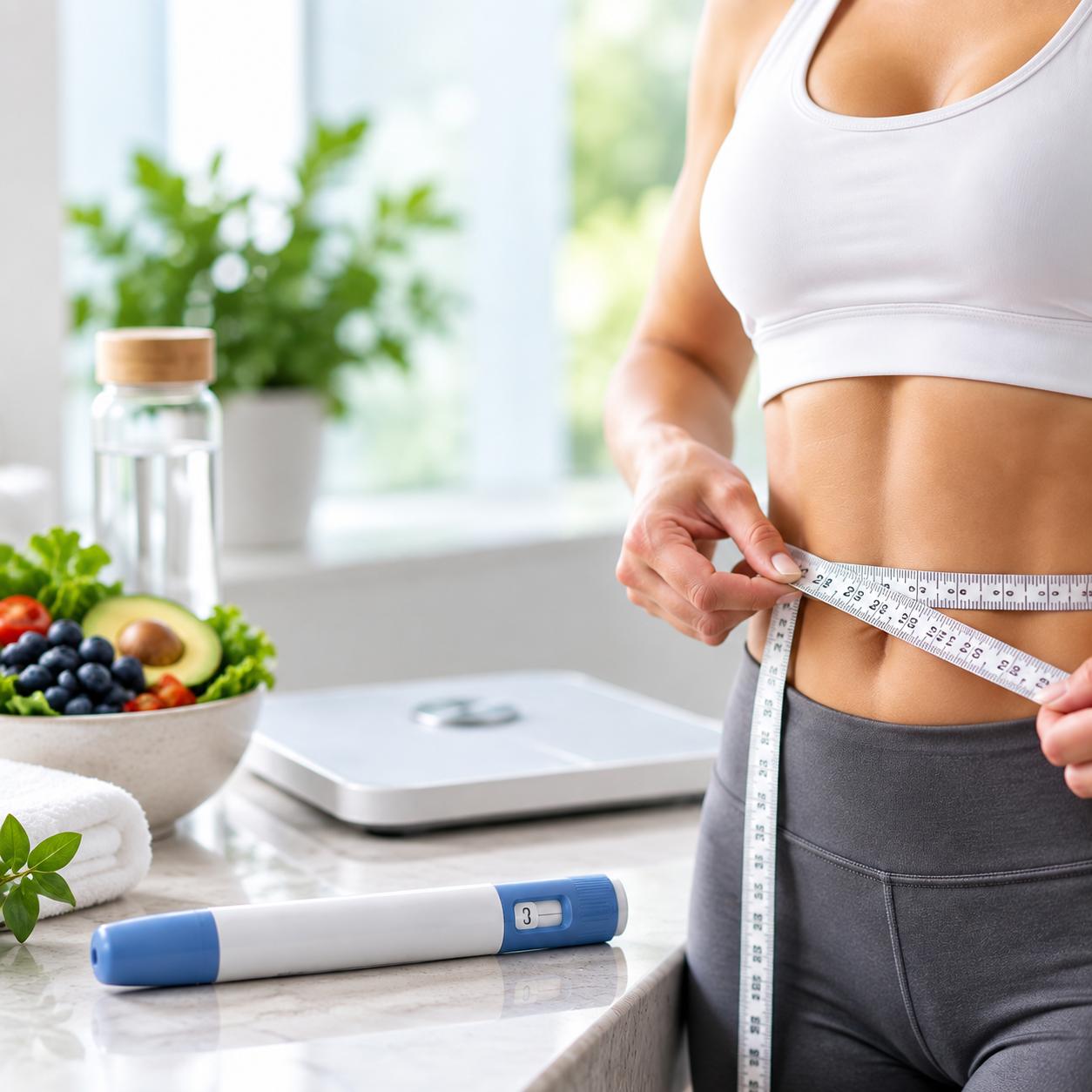 Person measuring waist with tape measure beside healthy food and scale in a bright kitchen