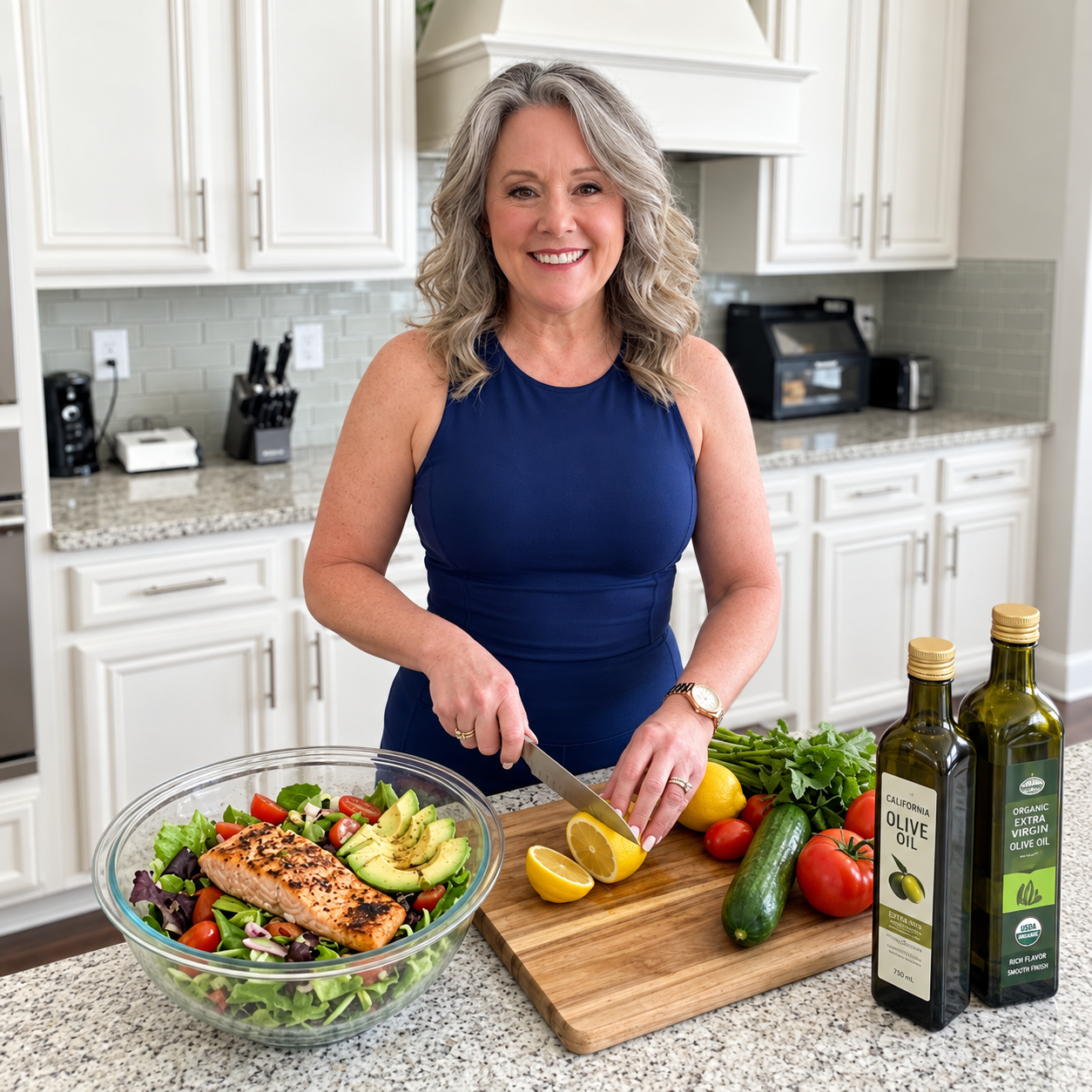Woman in a kitchen slicing lemon beside a salad and olive oil bottles on the counter