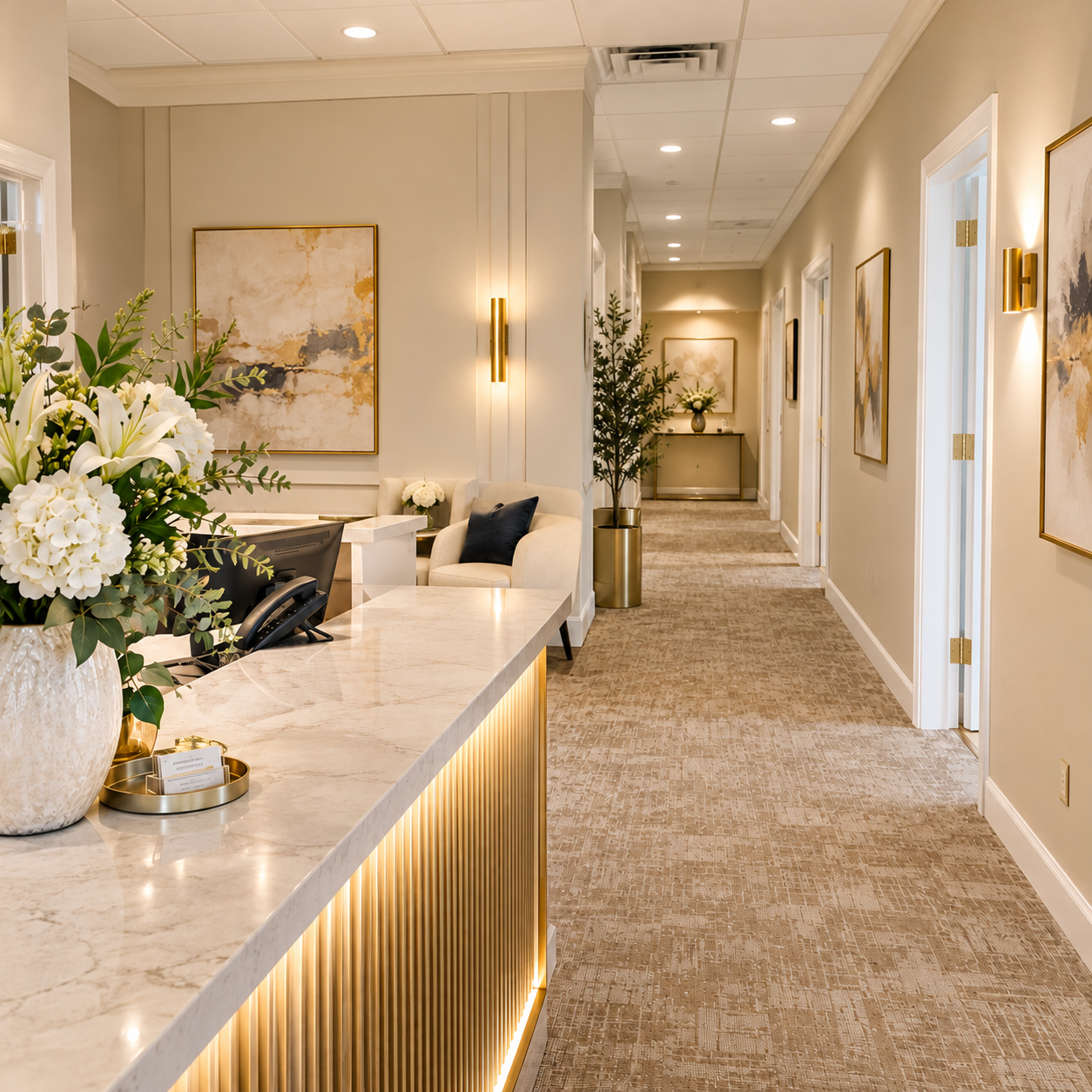 Office hallway with gray walls, carpet, exit sign, flowers, and a reception counter in the foreground