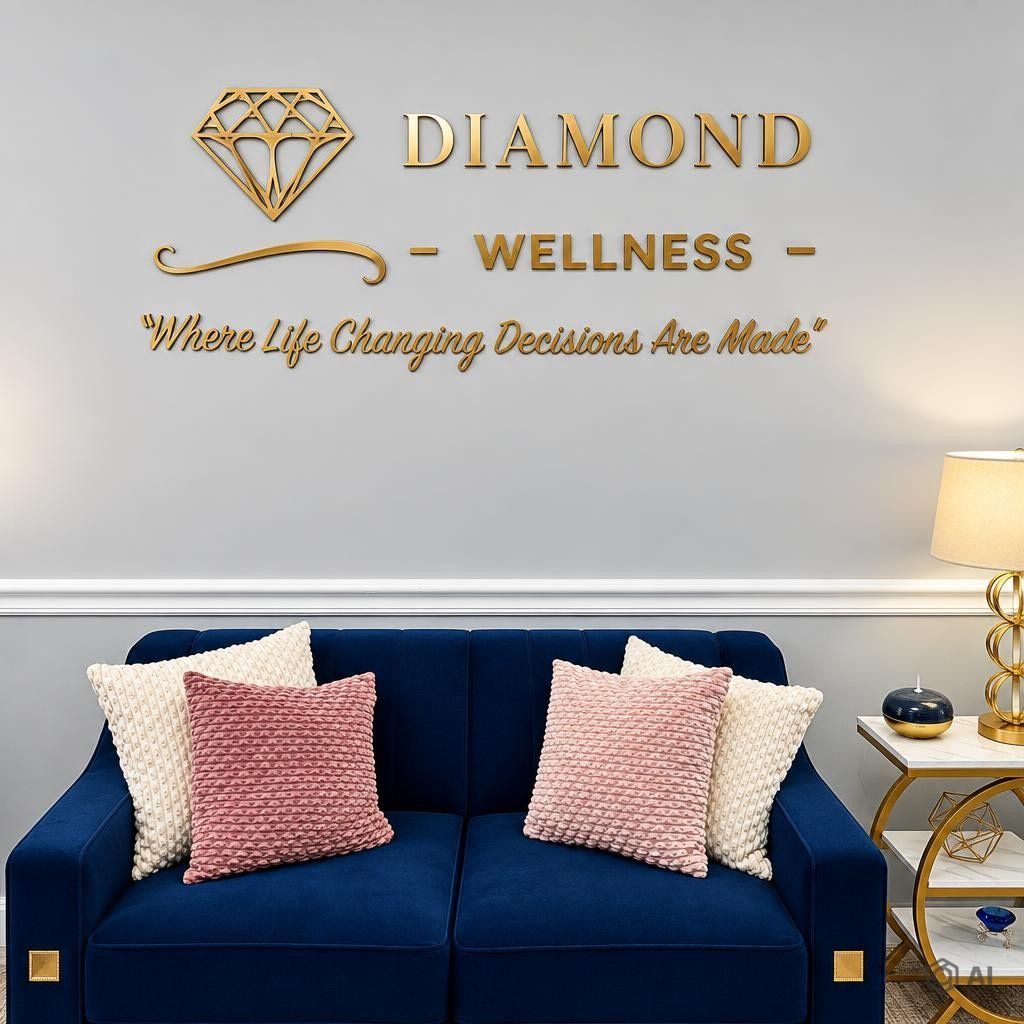 Modern office lobby with navy sofa, pink pillows, gold decor, and wall sign reading “Diamond Wellness.”