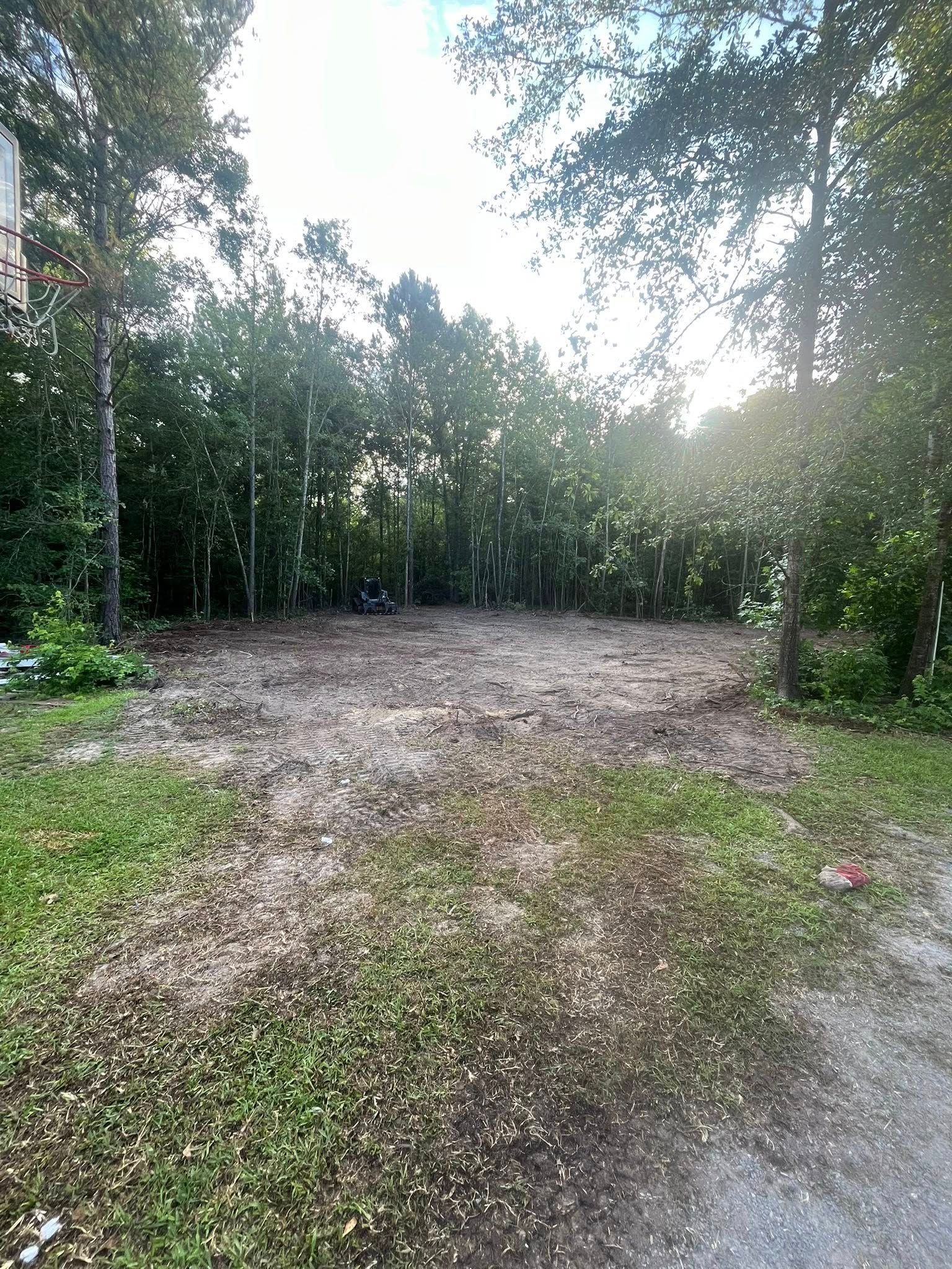 Gravel clearing in a wooded area, with trees lining both sides and sunlight filtering through the canopy.