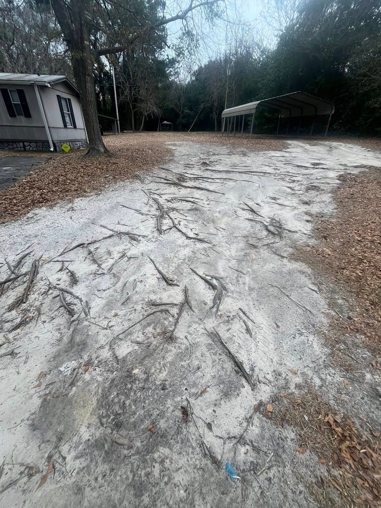 Snow-dusted gravel driveway with tire tracks, trees, and a small house on the left